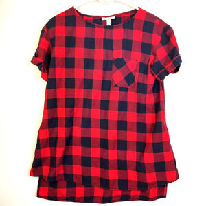 Liz Lange Maternity Top Buffalo Plaid Red Black Women's XS Short Sleeves